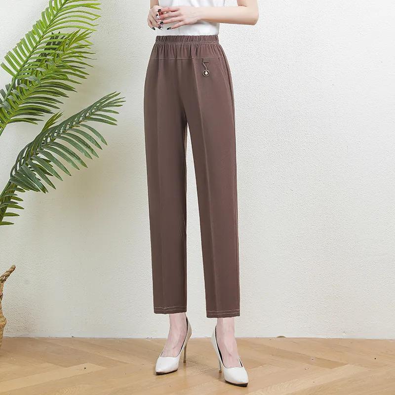 Women Ice Silk Elastic Pants Solid Color High Waist Loose Casual Pants Middle Aged Female Elastic Straight Leg Pants