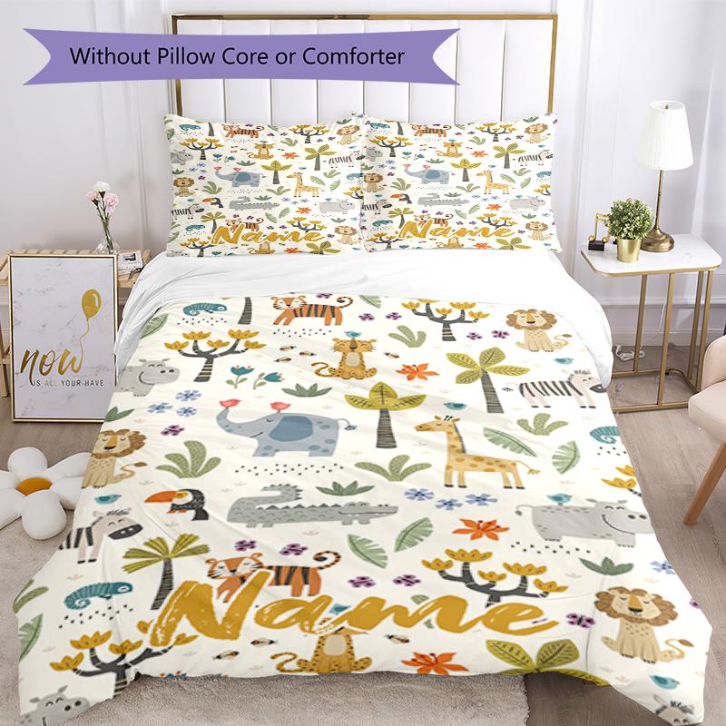 3pcs Custom Name Animals Bedding Set Duvet Cover Closure Includes 1 Duvet Cover & 2 Pillowcases, Soft and Comfortable for All Seasons.