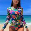 New European and American One-piece Swimsuit Women's Sexy Halter Crew Neck Swimsuit Fashionable Conservative Surf Print Long-sleeved Swimsuit