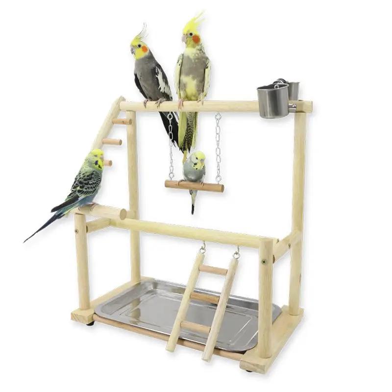 Bird Plays Stand Parrot Playstand Cockatiel Playground Wooden Perch Gym Playground Ladder with Metal Feeder Plate Bird Supplies