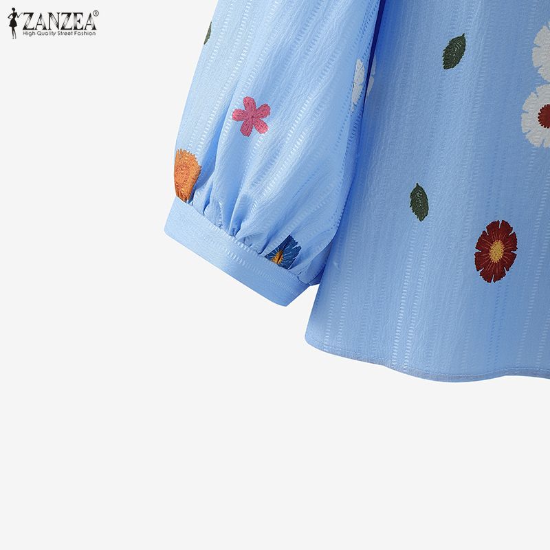 ZANZEA Women Casual V-Neck 3/4 Sleeve Loose Floral Print Blouse