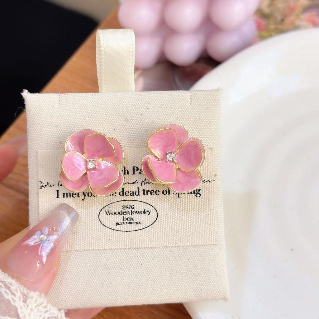 Nuevos Pendientes de Moda con Diseño Dulce, Flor de Esmalte Azul y Rosa, Lujo Ligero, Gama Alta, Regalos de Fiesta para Mujeres, Joyería