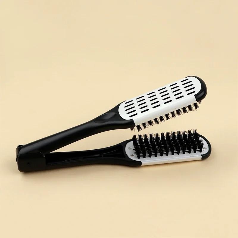 Pro Hairdressing Straightener Hairbrush Nylon Hair Straightening Double Brushes V Shape Comb Clamp Not Hurt Styling Tools DIY