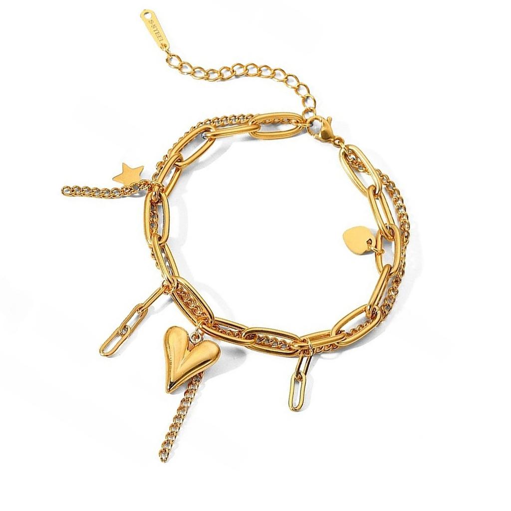 Modern Double Strand Heart Charm Bangle Stainless Steel Bracelet Adjustable Length Unisex Accessory For Daily