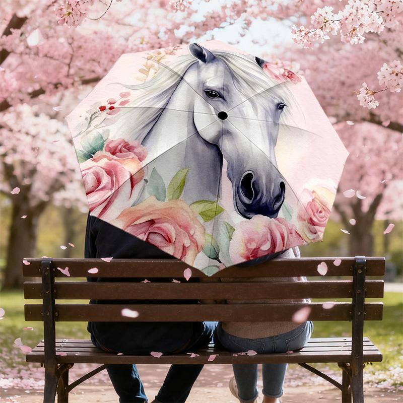 1pc Horse Floral Automatic Folding Umbrella, Heavy Duty 8 Rib Iron Frame,  Suitable for Travel, Daily Use, Birthday, Decor Gift m0104035