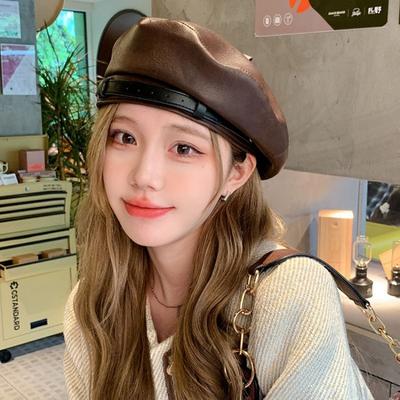 Women S Pu Leather Beret Hat Vintage British Style Casual For Autumn Spring