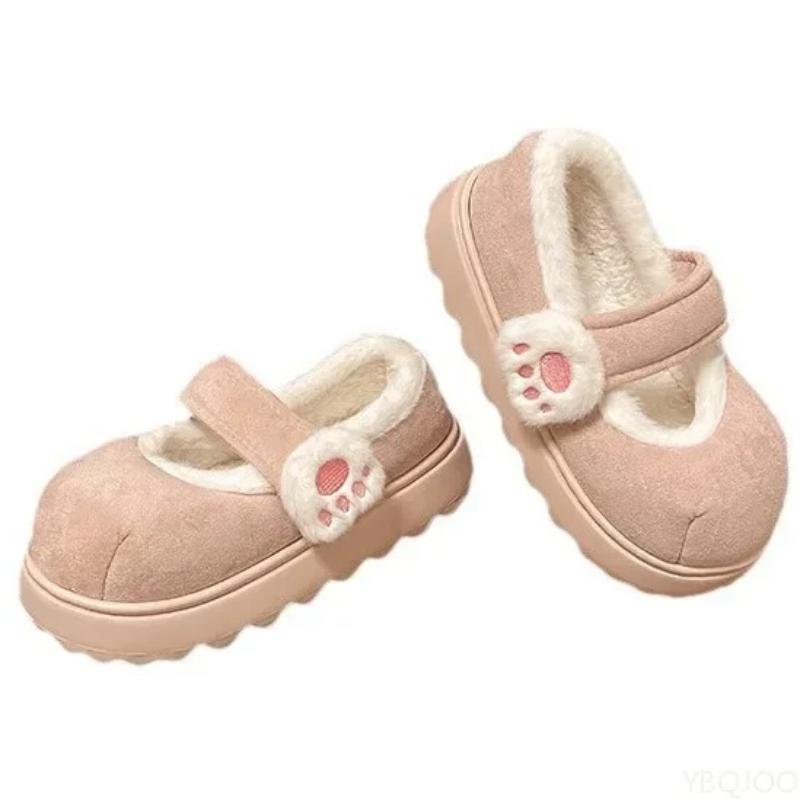 Teplé kotníkové boty s kulatou špičkou, ležérní pohodlné dámské ploché boty, roztomilé bavlněné sněhule s kočičí tlapkou, zimní boty se silnou podrážkou, vnitřní venkovní obuv