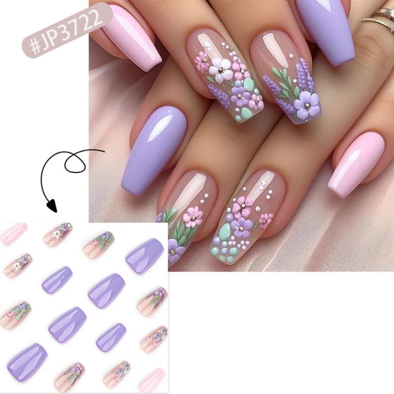 24 Pcs Short Ballerinas Press On Nail 3D Flowers False Nail Acrylic Nail Glossy Full Cover Stick on Nail for Woman