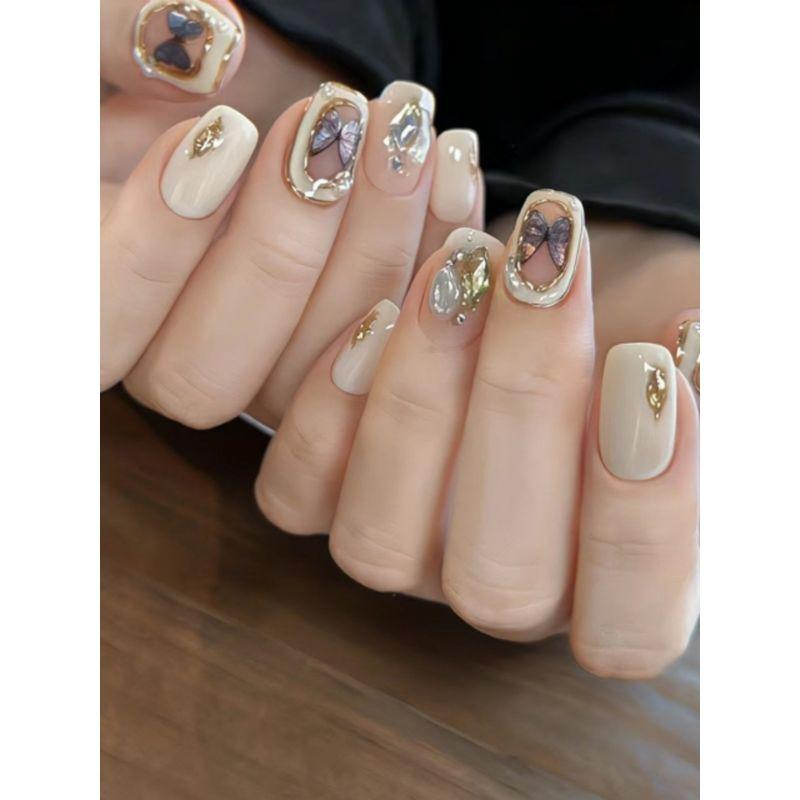 

Wear Nail Three-Dimensional Butterfly Elegant Milky White Nail Stickers Baroque butterfly-short square XS