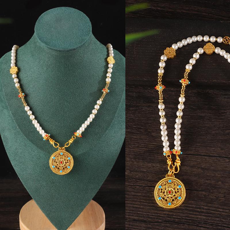 Chinese Style Pearl Necklace Hanfu Accessory Zinc Alloy Hollow Carved Pendant Long Chain Necklace