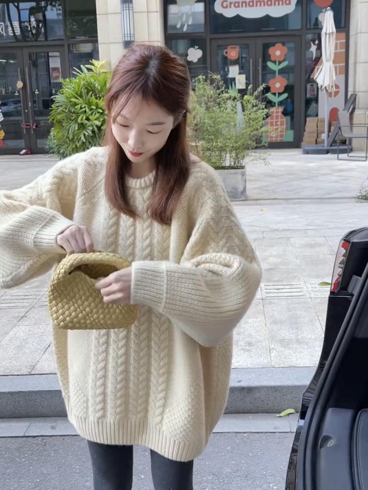 Women's Korean Style Oversized Winter Knit Sweater - Mid-Length, Loose, and Versatile