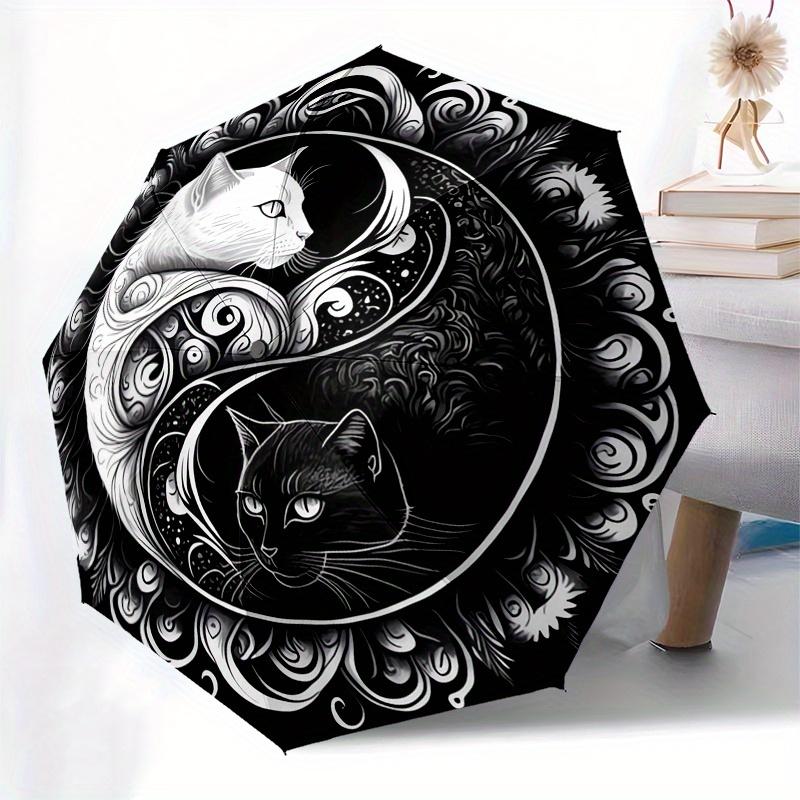 Yin Yang Cats Umbrella - Automatic Open/Close, 3-Fold Compact, Black & White Chinese Philosophy Design with Yin-Yang Symbol &