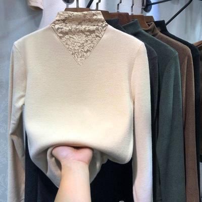 Cationic German Velvet Bottoming Shirt Women's Autumn and Winter Semi-turtleneck Knitted Lace Thickened Inner Primer