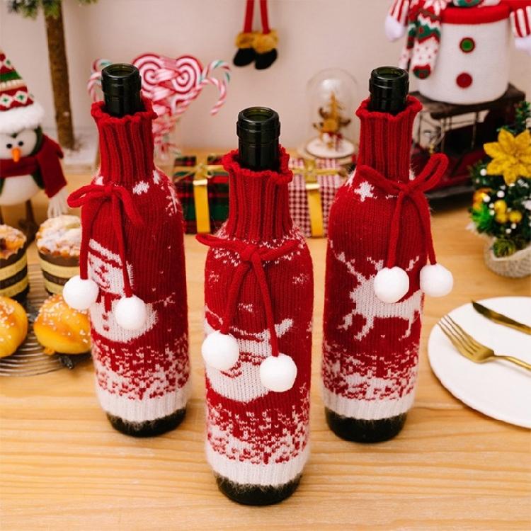 Set of 3 Festival Knitted Wine Bottle Sleeves With Gradual Color Featuring Santa, Snowmans, and Reindeers Wine Bottle Cover