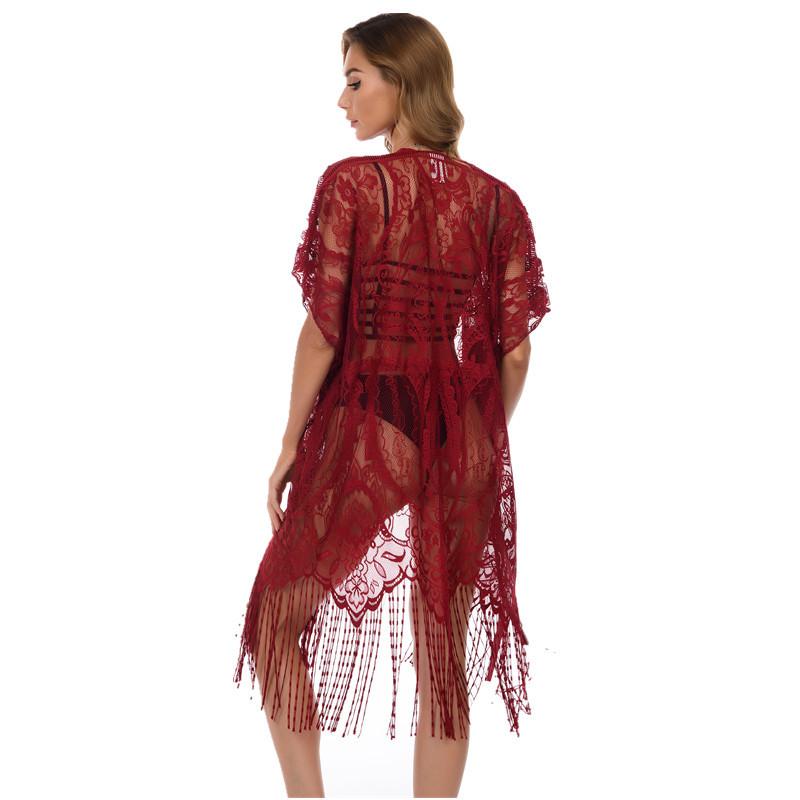 Copricostume da Donna con Nappe Sarong da Spiaggia Vestito Lungo da Spiaggia Pizzo Floreale Kimono Bikini Copricostume