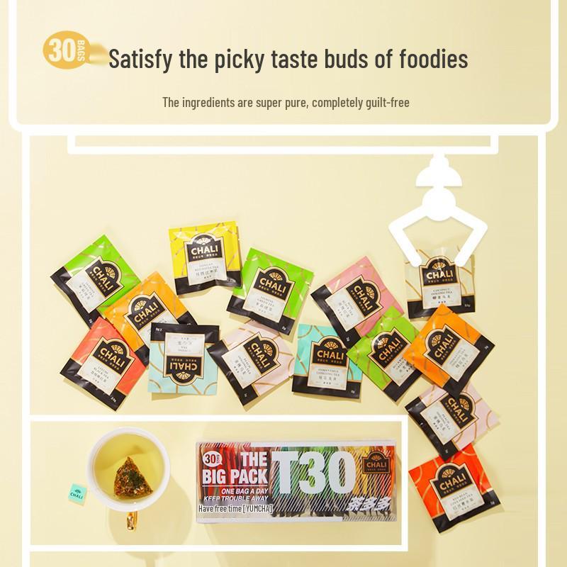 CHALI T30 Cha Duo Herbal Tea Box: Peach Oolong, Osmanthus Black, and Bagged Fruit Herbal Tea.