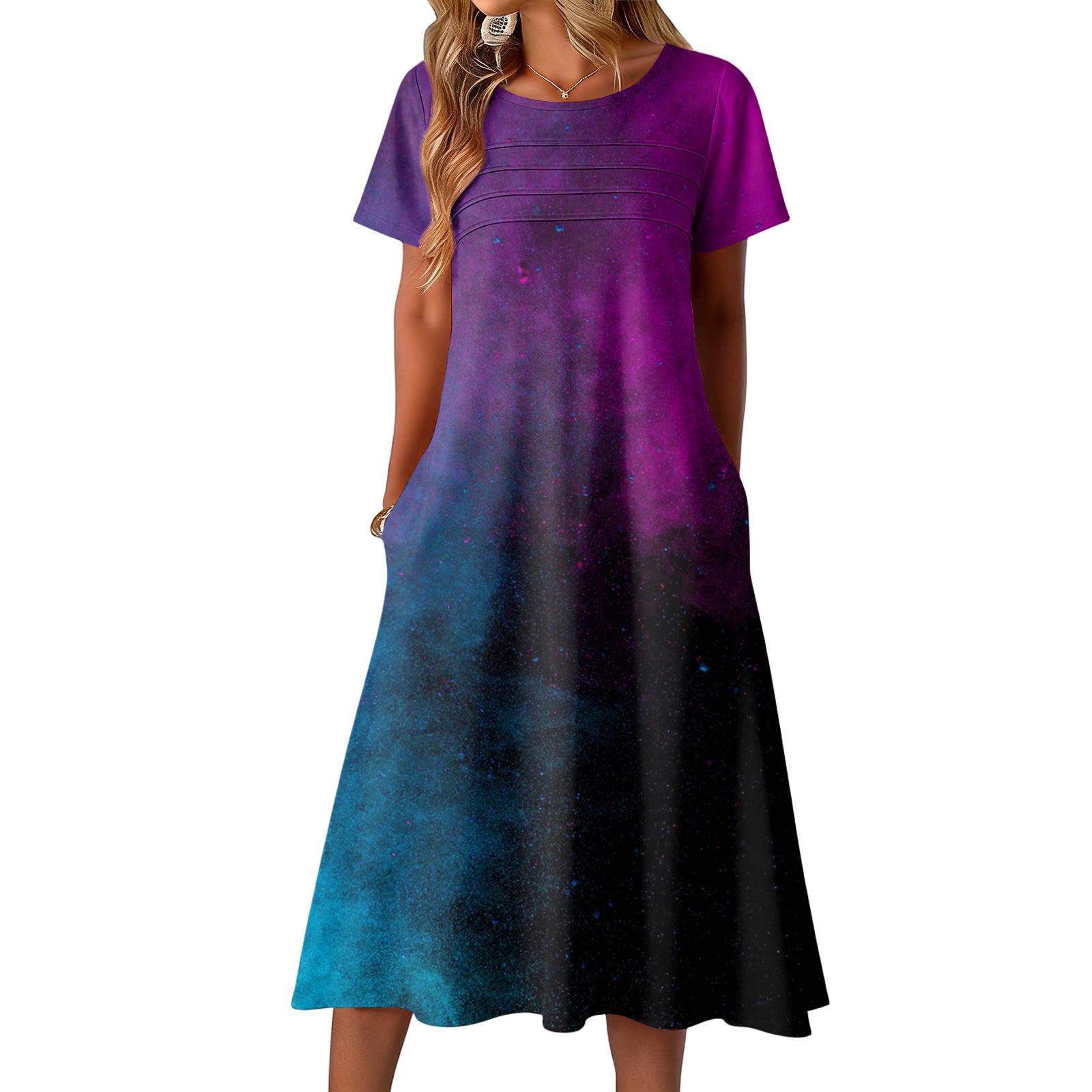 Ladies  printed casual and fashionable short sleeved round neck dress XL чёрный