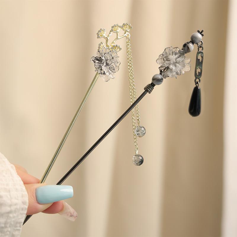 Elegant Ink Flower Hairpin For Women Vintage Rose Pearl Tassel Hair Stick Exquisite Metal Jewelry Hair Accessories Hair Pins