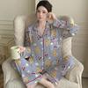 Fashion Ice Silk Thin Pajamas Women'S Spring High-End Silk Striped Cartoon Loungewear Long-Sleeved Two-Piece Set
