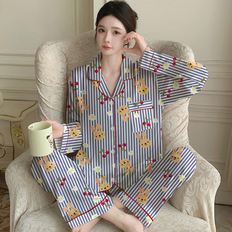 Fashion Ice Silk Thin Pajamas Women'S Spring High-End Silk Striped Cartoon Loungewear Long-Sleeved Two-Piece Set