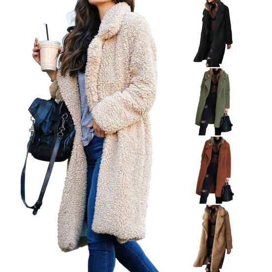 Winter Damen Jacke Doppelseitiges Fleece Umlegekragen Lange Ärmel Knielang Warm halten