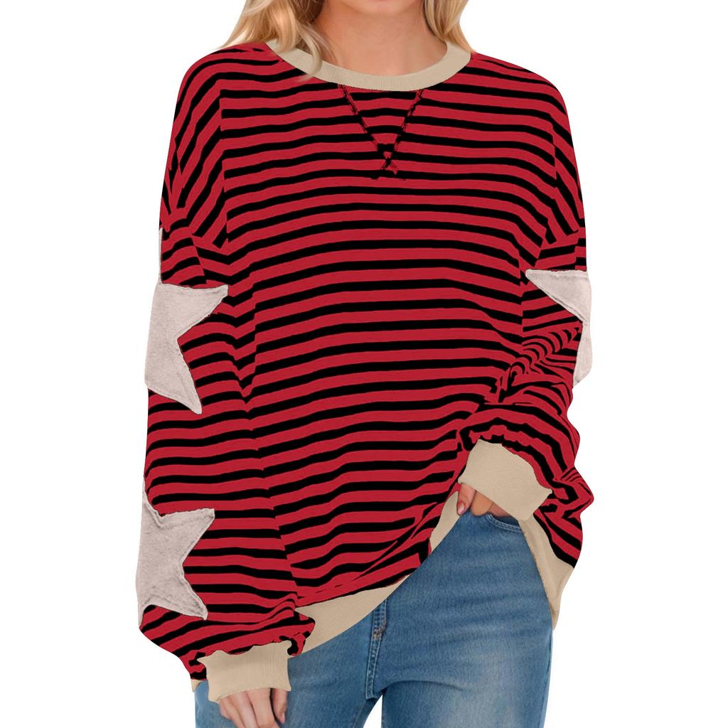 Maglione da Donna a Righe con Stampa di Stelle, Girocollo, Manica Lunga, Pullover Color Block, Felpa Top