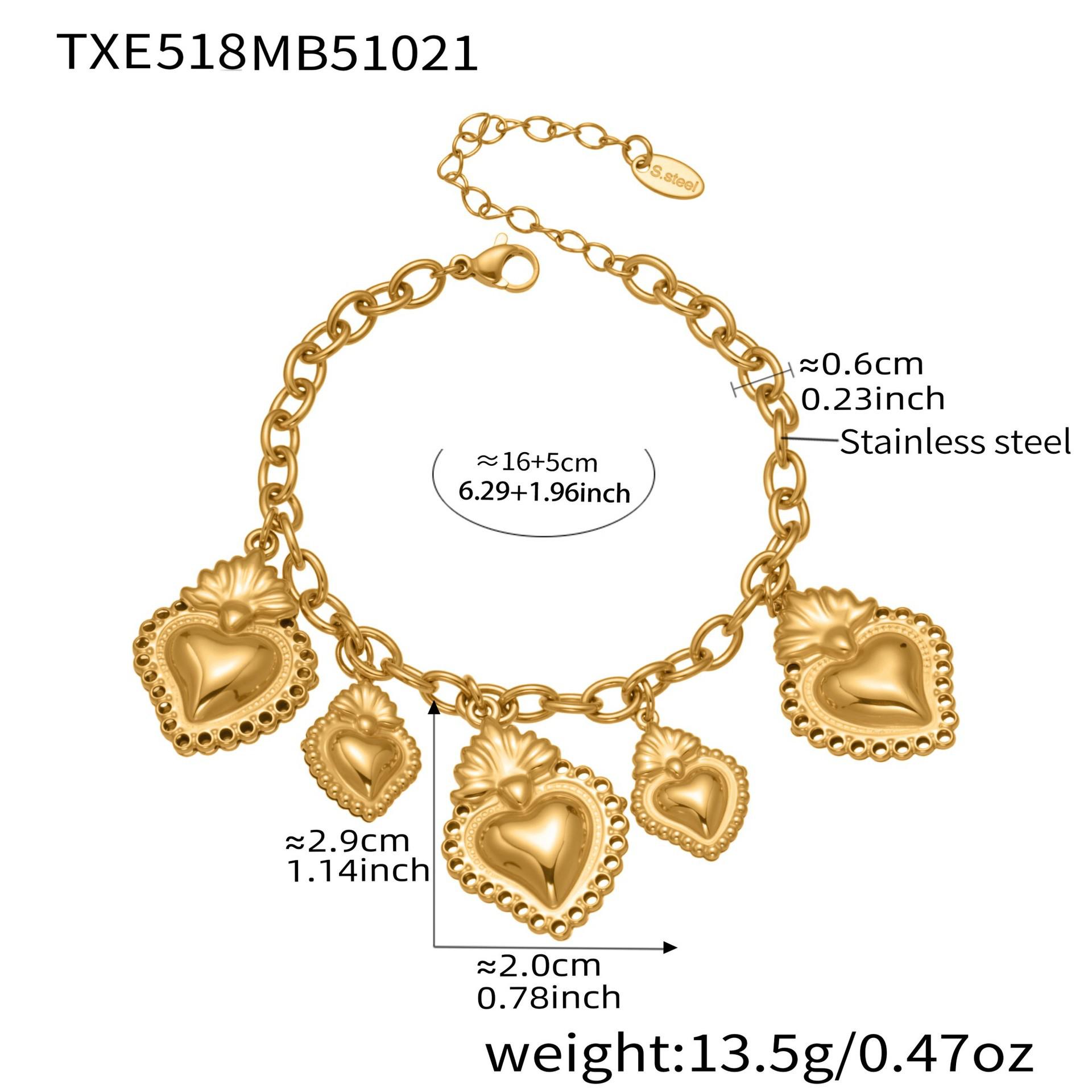 18K Gold Plated Heart Pendant Bracelet & Necklace Set, Stainless Steel Design, European American Style.