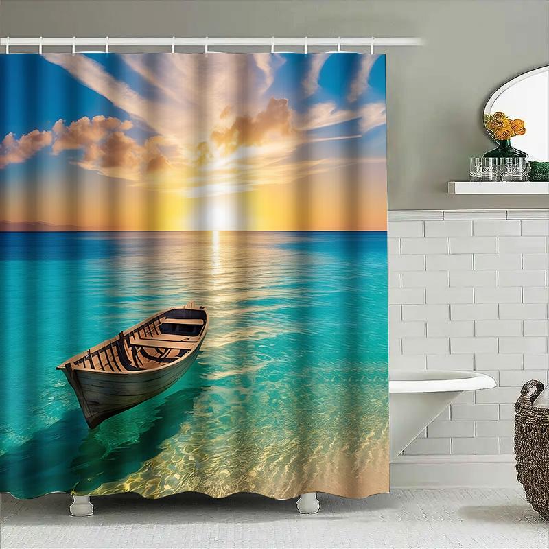 Sunset Sea View Boat Bathroom Curtain Hooks Included Waterproof Fabric For Tub Suitable For Wet And Dry Separation Easy-Clean