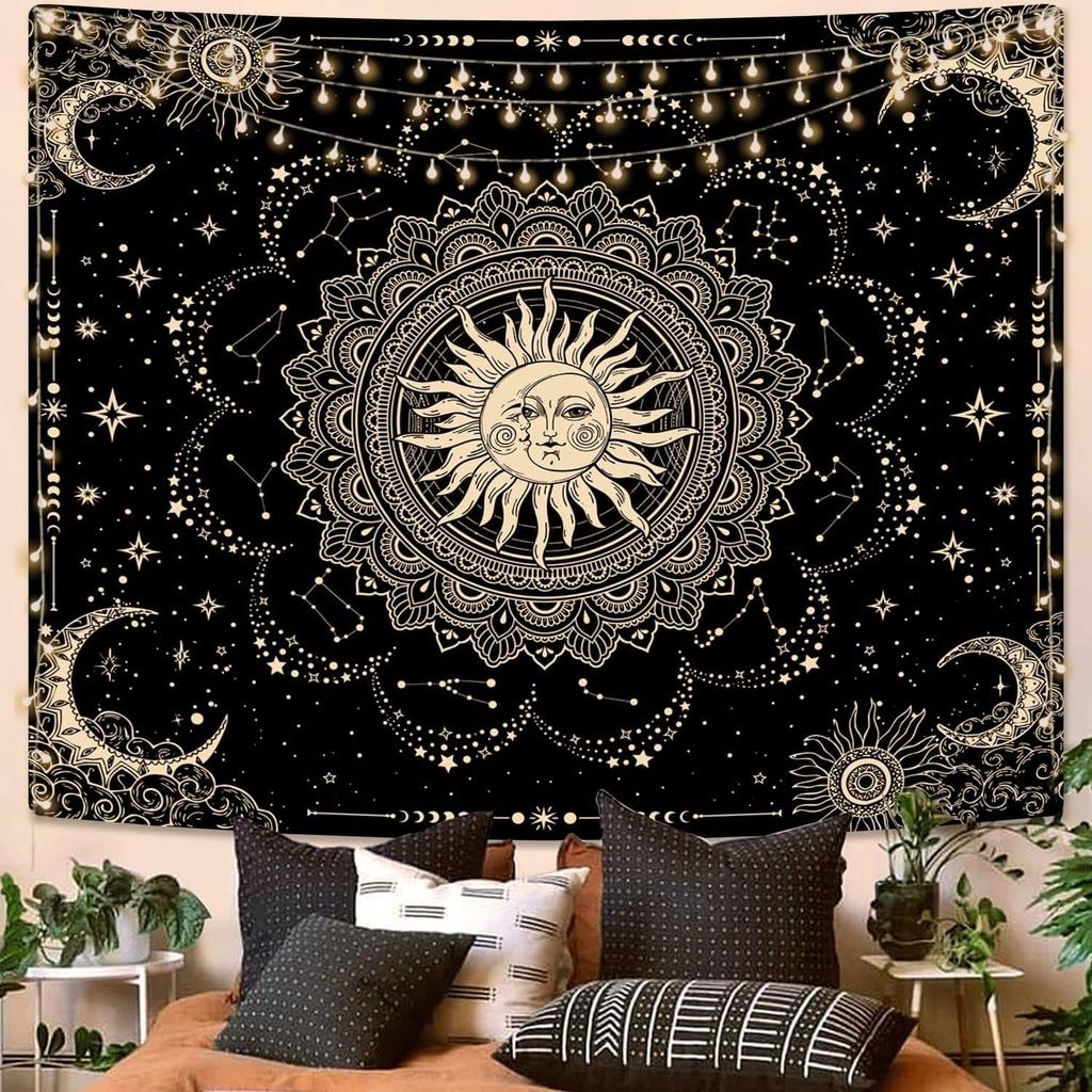 ARTCREATOR Sun and Moon Tapestry, Black Golden Mandala Tapestries Astrology Space Wall Hanging Boho Hippie Decor for Bedroom, Living Room, Ceiling