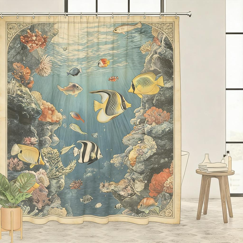 Vibrant Underwater Coral Reef with Sea Turtle & Clownfish Waterproof Shower Curtain for Bathroom Decor
