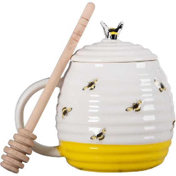 Горшочек для меда с ложкой-капельницей, Керамическая банка для меда с ложкой - Фарфоровая банка для хранения меда в дизайне улья с крышкой для дома и кухни жёлтый
