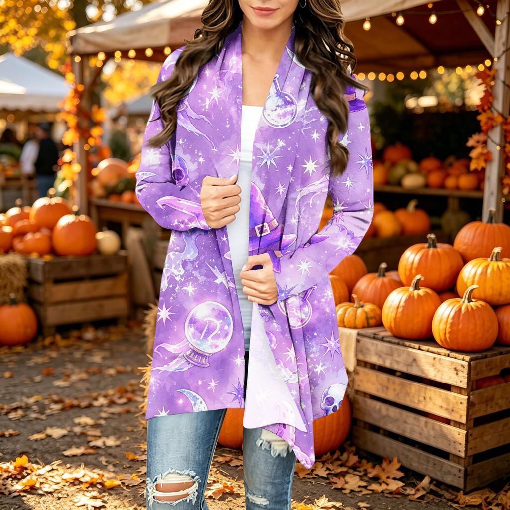 Damen Trendy Halloween-Print Langarm-Strickjacke Pullover für Lässige Herbstmode