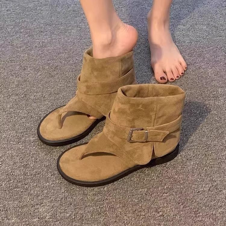 2025 New French Flip-flops Women's Flat-bottomed Cool Boots Wear Retro Flat-bottomed Temperament Sleeve Trousers Short Boots