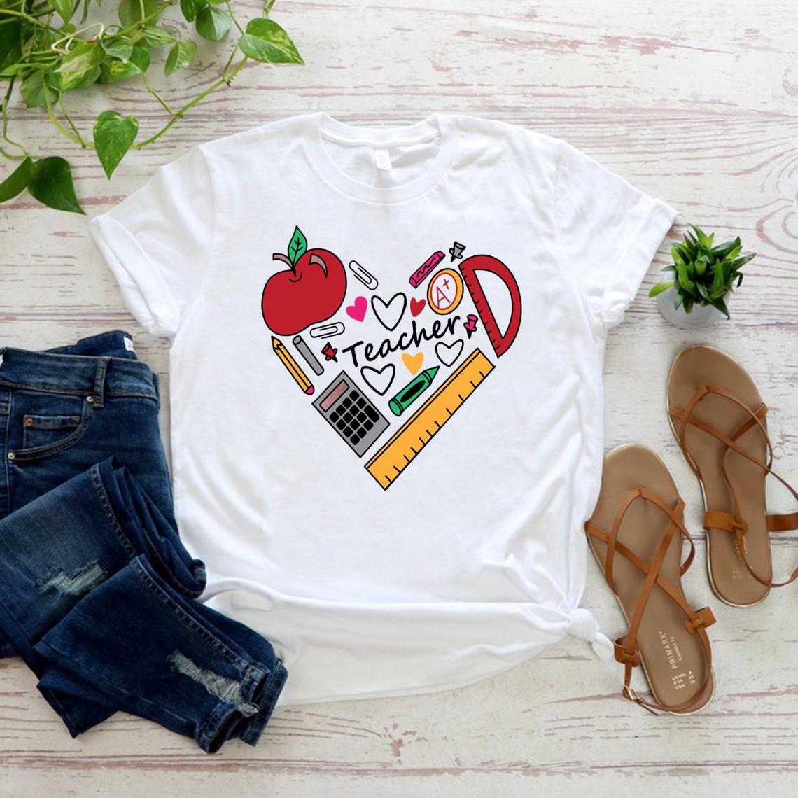 Inspirational Teacher TShirt Teach Love Inspire Tshirt Back To School Shirt Casual Short Sleeve Womens Tees Streetwear Tops S