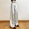Edgy Punk Design Silver Shiny PU Leather Loose Draped Casual Trousers for Women