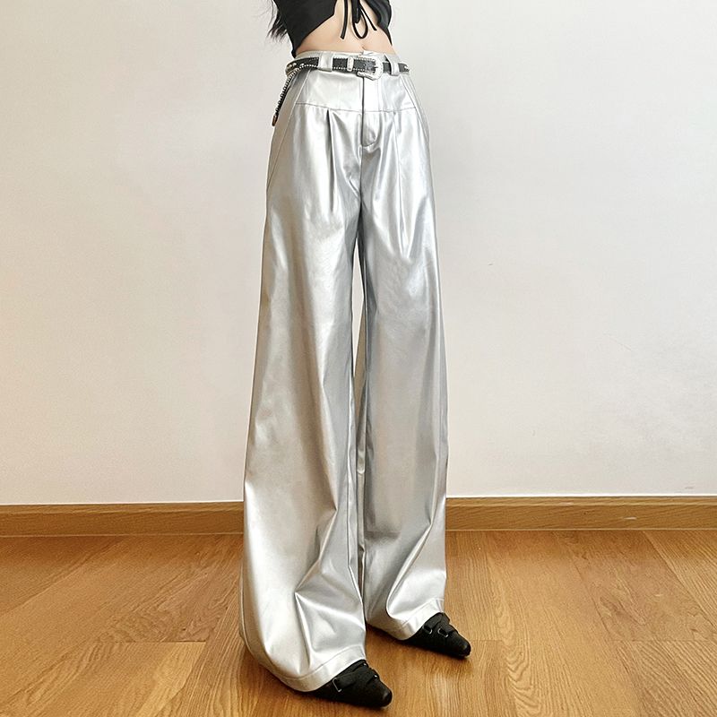 Edgy Punk Design Silver Shiny PU Leather Loose Draped Casual Trousers for Women