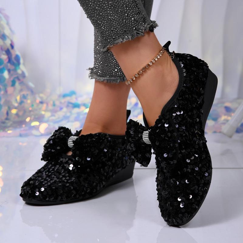 Fashion 2025 Hot Sale Slip On Women's High Heels Round Toe Wedge Bow Tie Bling Pumps Plus Size Fashion Comfortable Office & Career Shoes