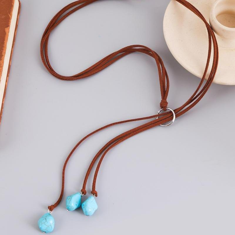 Böhmische türkisfarbene Halskette, lange Kette, Quasten, handgefertigter Vintage-Schmuck, brauner Riemen, Strand-Halskette XYZ