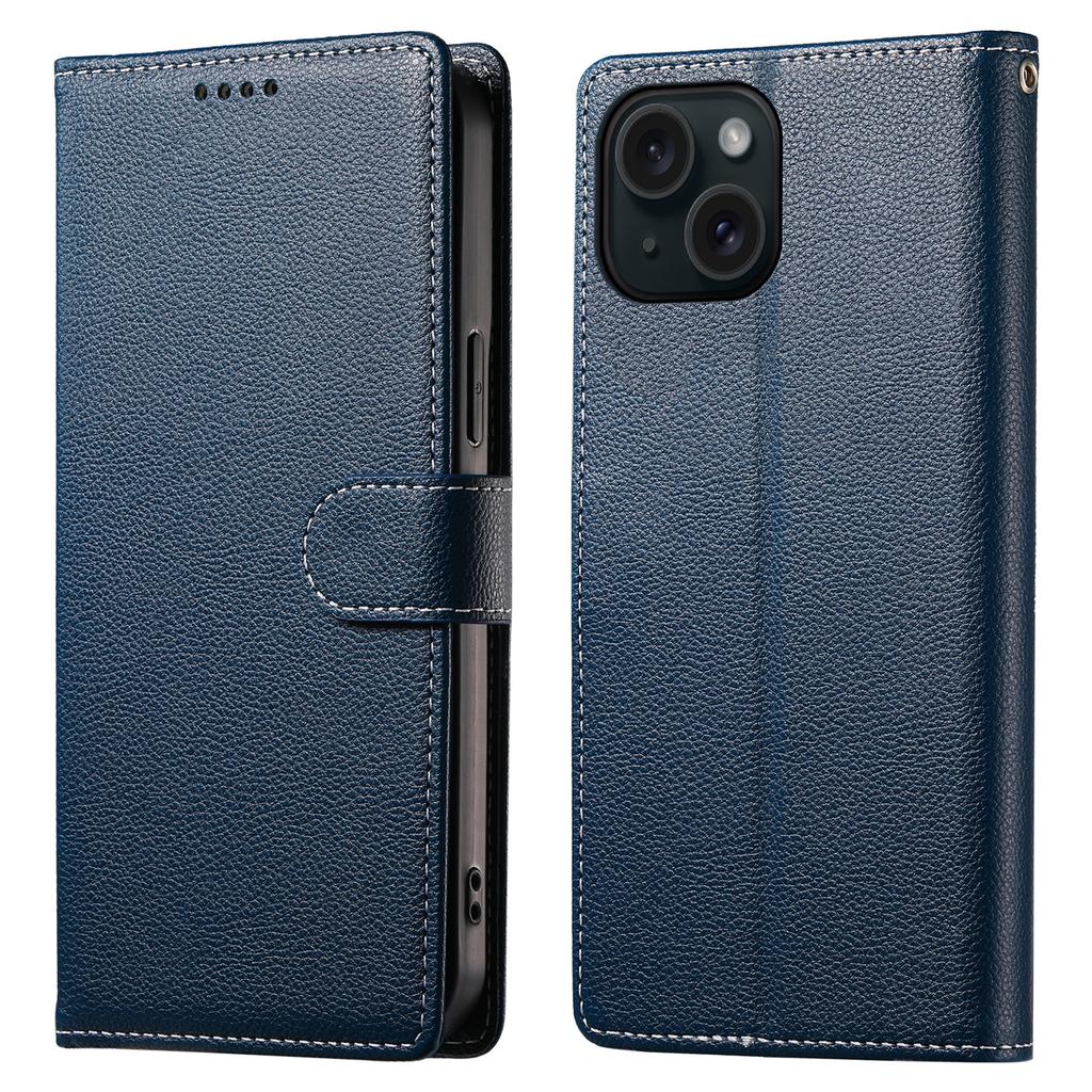 DF-012 For iPhone 15 Case Litchi Texture Leather Magnetic Clasp Wallet Stand Phone Cover