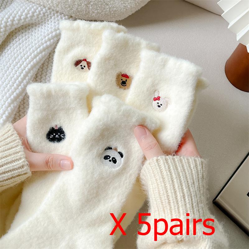 Cute Cartoon Mink Velvet Socks for Women White Mid-tube Socks Autumn and Winter Thickened Velvet Warm Home Sleep Socks