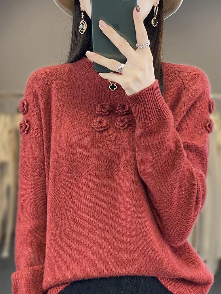 2023 Women's Versatile Wool Sweater: High Neck, Half-Embroidered Knit, Perfect for Autumn/Winter
