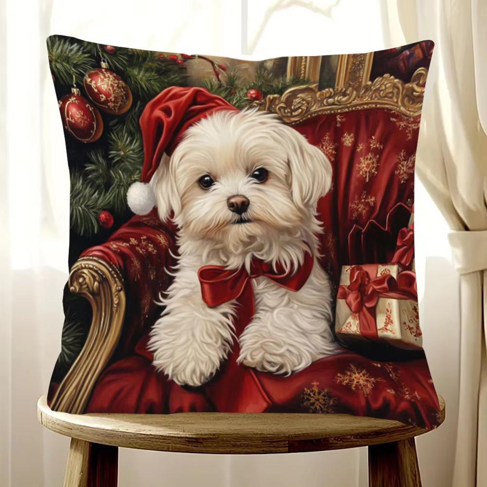Cute Maltese Puppy Christmas Pillow Cover, Double Sided Soft Polyester 2D Print Cushion for Sofa Bedroom Living Room New Year