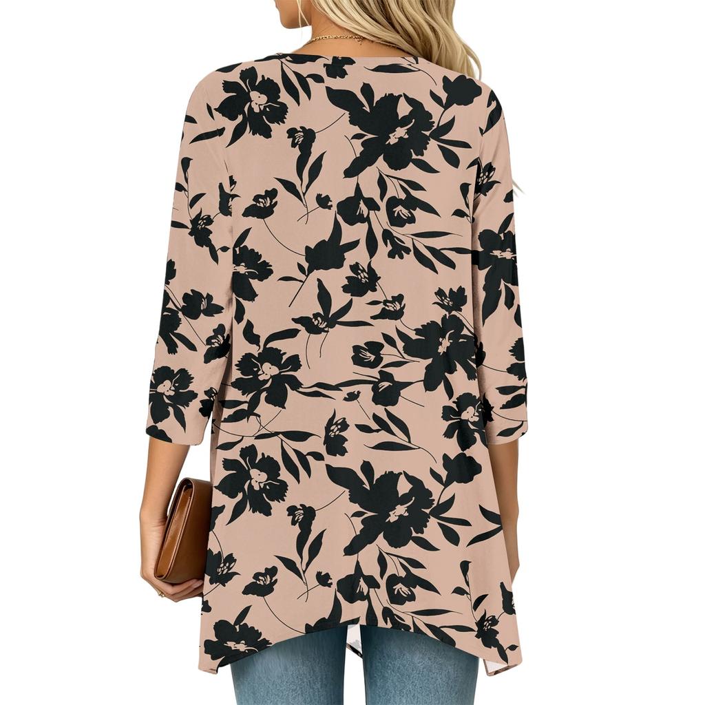 Women's Retro Floral Print Three-Quarter Sleeve Loose Fit Lightweight Cardigan for Casual Everyday Wear