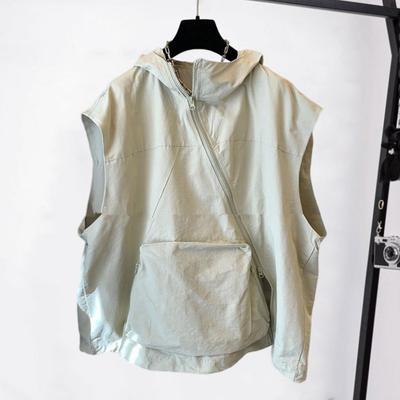 Women Summer Hooded Vest Diagonal Zipper Breathable Female Sun Clothing Ladies Solid Color Casual Loose Top with Pock