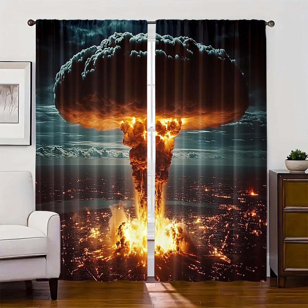 2pc,  Window Curtains Nuclear explosions and mushroom clouds Durable 100% Polyester Fabric,Without Electricity Holiday