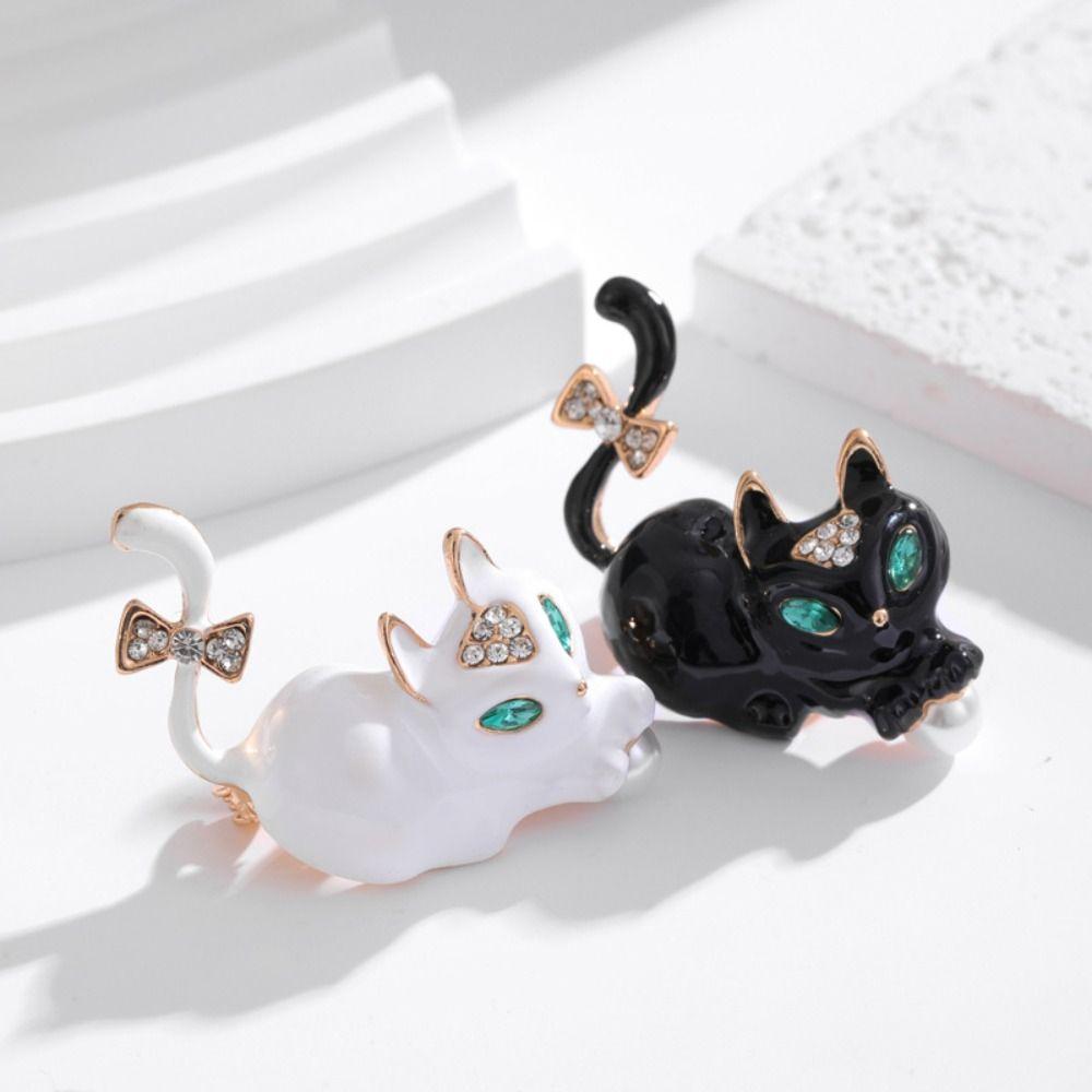 Pearl Cat Enamel Pin Cute Rhinestone Brooch Jewelry Cat Kitty Badge  Gift