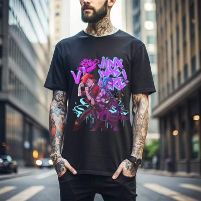 100% cotone TOP UNISEX T-SHIRT UOMO DONNA Jinx Arcane T-Shirt Anime Cartone Animato Giapponese Jinx Maglietta Nera Unisex 094