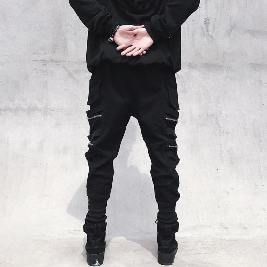 Men Cargo Pants Strap Zipper Decor Loose Ankle-banded Mid-rise Solid Color Multi Hip Hop Streetwear Outdoor Travel Sport Trousers