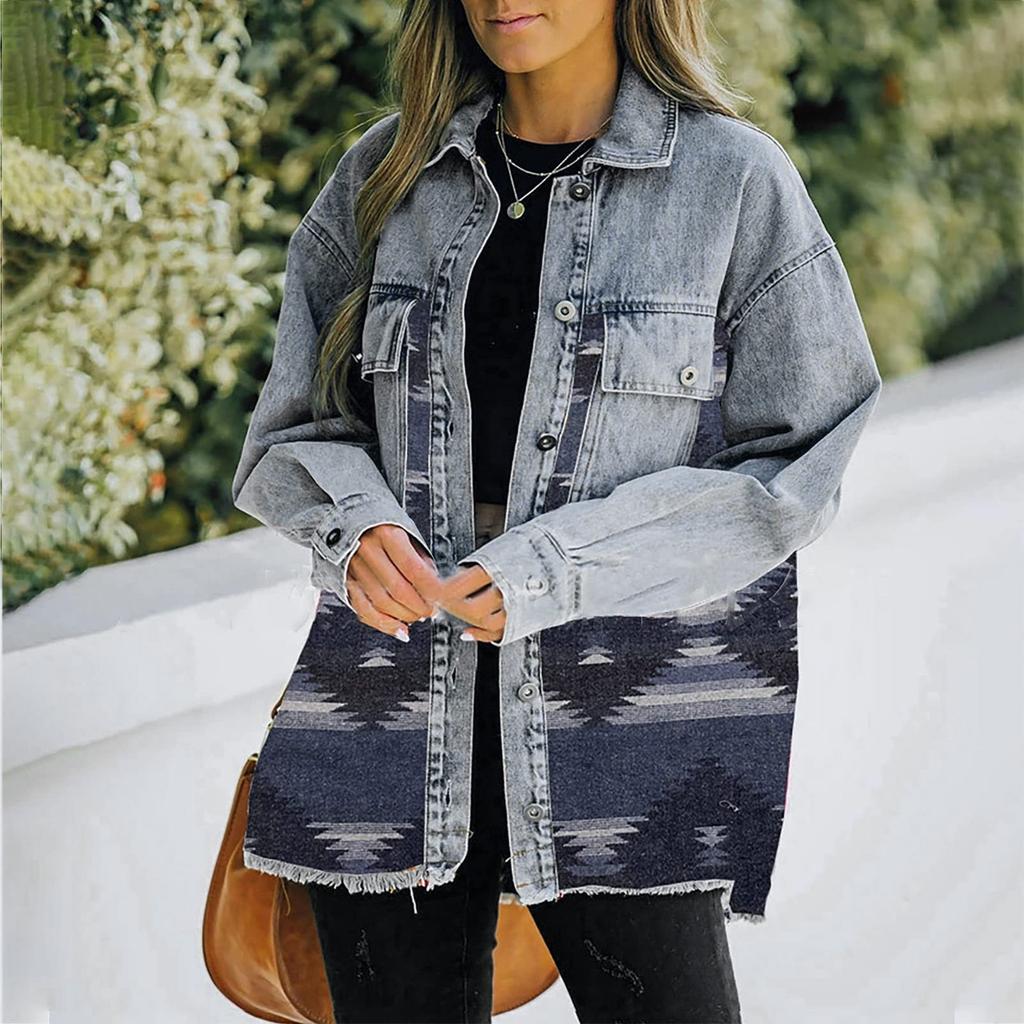 Women Loose Casual Denim Jacket Female Jacket Long Sleeve Black Trim Coat With Pockets
