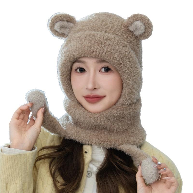 Autumn and Winter Hat Women's Bear Ears Cute Velvet Thermal Hat Scarf Integrated Ear Protection Windproof Pullover Hat